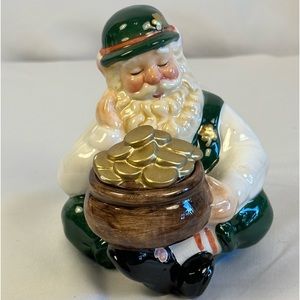 Ceramic Irish Santa sitting with a pot of gold with a lid